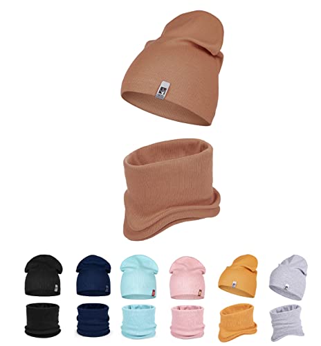 HEYO Kinder Beanie Mütze Schlauchschal Set für Mädchen Jungen Frühling Strickmütze Schal (Braun) von HEYO