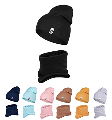 HEYO Kinder Beanie Mütze Schlauchschal Set für Mädchen Jungen Frühling Strickmütze Schal (Schwarz) von HEYO