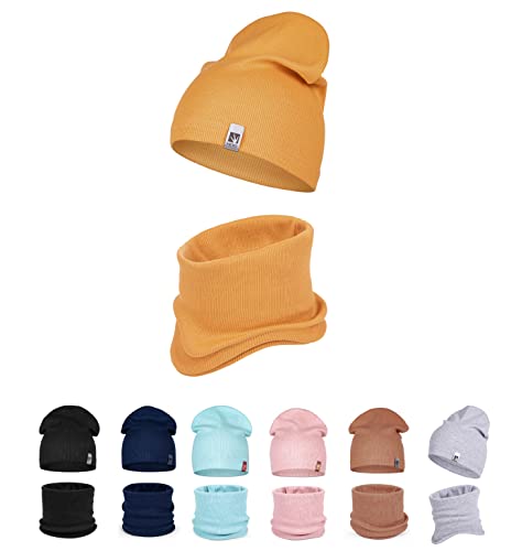 HEYO Kinder Beanie Mütze Schlauchschal Set für Mädchen Jungen Frühling Strickmütze Schal (Senfgelb) von HEYO