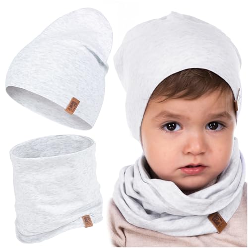 HEYO Kinder Set Beanie Mütze Schlauchal Baumwolle Rundschal weich Mädchen Jungen Herbst Frühling Frühlinsset Herbstset (Grau) von HEYO