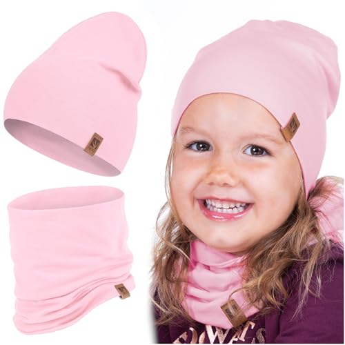 HEYO Kinder Set Beanie Mütze Schlauchal Baumwolle Rundschal weich Mädchen Jungen Herbst Frühling Frühlinsset Herbstset (Rosa) von HEYO