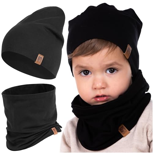 HEYO Kinder Set Beanie Mütze Schlauchal Baumwolle Rundschal weich Mädchen Jungen Herbst Frühling Frühlinsset Herbstset (Schwarz) von HEYO