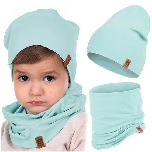 HEYO Kinder Set Beanie Mütze Schlauchschal Baumwolle Rundschal weich Mädchen Jungen Herbst Frühling Frühlingsset Herbstset (Türkis) von HEYO