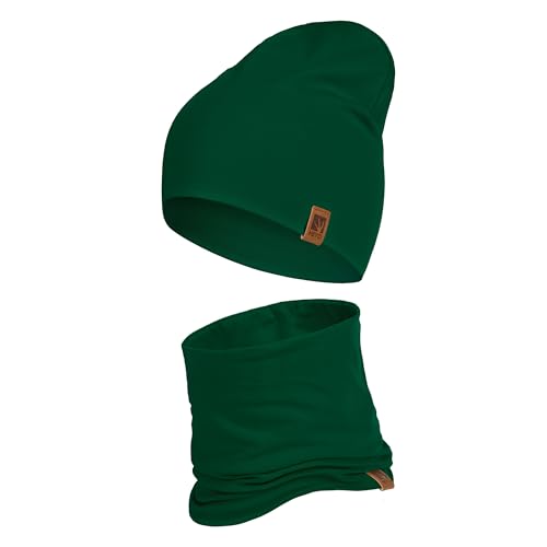 HEYO Kinder Set Beanie Mütze Schlauchschal Baumwolle Rundschal weich Mädchen Jungen Herbst Frühling Frühlinsset Herbstset (Dunkelgrün) von HEYO