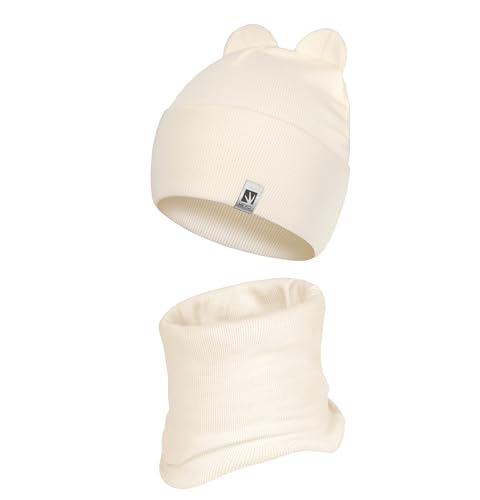 HEYO Kinder-Set Mütze Schlauchschal Beanie Loopschal Set für Mädchen Jungen Frühling Herbst (Ecru) von HEYO