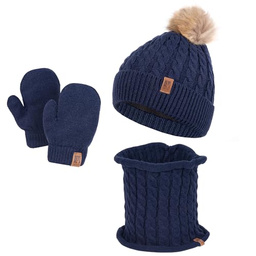 HEYO Kinder Winter Set Mütze gefüttert mit Fleece warm Schlauchschal Loopschal Handschuhe weich Bommelmütze Rundschal Kleinkinder Strickmütze Jungen Mädchen (Dunkelblau) von HEYO