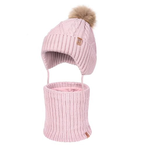 HEYO Kinder Winter Set Mütze warm Schlauchschal Loopschal weich Ohrenschützer Bommelmütze Rundschal Kleinkinder Ohrenklappen Strickmütze gefüttert mit Fleece (Rosa) von HEYO