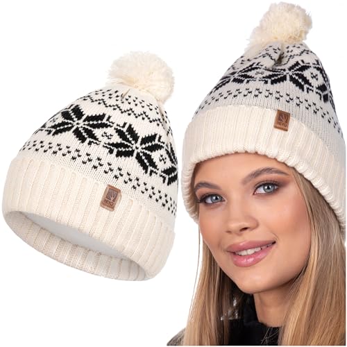 HEYO Mütze Damen Herren Norweger Mütze Bommelmütze Unisex Wintermütze Dick Gefüttert Warm (Beige) von HEYO