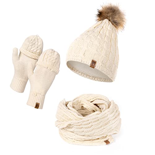 HEYO Mütze Schal Handschuh Set für Damen | Gefütterte Wintermütze mit Kunstfellbommel | Großer Loop Schal | Gestrickte Finger/Fingerlose- Winterhandschuhe für Touchscreen (Beige) von HEYO