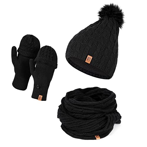 HEYO Mütze Schal Handschuh Set für Damen | Gefütterte Wintermütze mit Kunstfellbommel | Großer Loop Schal | Gestrickte Finger/Fingerlose- Winterhandschuhe für Touchscreen (Schwarz) von HEYO