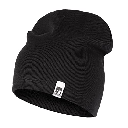 HEYO Mütze Slouch Beanie Damen Herren Strickmütze Gerippte Baumwolle (Schwarz) von HEYO