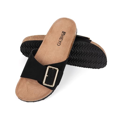 HEYO Pantoletten Damen Sandalen Bequeme Hausschuhe Kork Badelatschen mit verstellbaren Riemen (Schwarz, EU Schuhgrößensystem, Erwachsene, Numerisch, M, 39) von HEYO