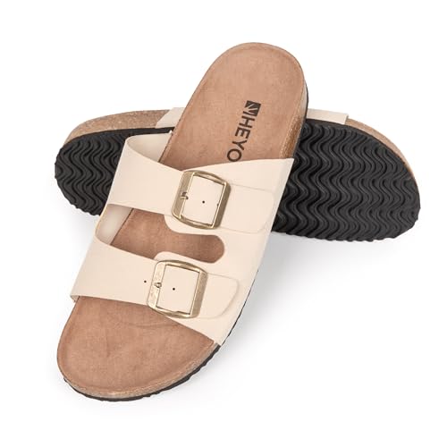 HEYO Pantoletten Herren Damen Sandalen Bequeme Hausschuhe Unisex Kork Badelatschen mit verstellbaren Riemen (Beige, EU Schuhgrößensystem, Erwachsene, Numerisch, M, 38) von HEYO