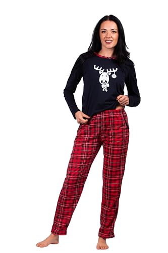 HEYO Schlafanzug Damen Lang Pyjama 100% Baumwolle Zweiteiliges Set Langarm Shirt Lange Karierte Pyjamahose Weihnachtspyjama (DE/NL/SE/PL, Alphanumerisch, XL, Regular, Regular, Standard, X-Mas) von HEYO