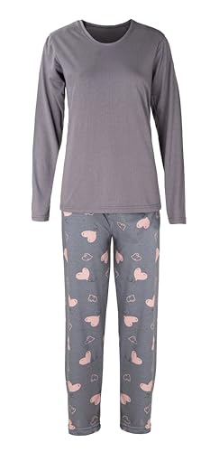 HEYO Schlafanzug Damen Lang Pyjama aus Baumwolle Zweiteiliges Set Langarm Shirt Lange Pyjamahose HPD04 (DE/NL/SE/PL, Alphanumerisch, L, Regular, Regular, Grau - Herzen) von HEYO