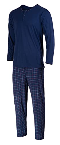 HEYO Schlafanzug Herren Lang Pyjama 100% Baumwolle Zweiteiliges Set Langarm Shirt Lange Karierte Pyjamahose (as3, Alpha, x_l, Regular, Regular, Standard, Dunkelblau, XL) von HEYO