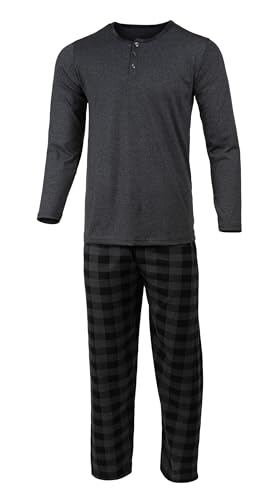 HEYO Schlafanzug Herren Lang Pyjama Baumwolle Zweiteiliges Set Langarm Shirt Lange Karierte Pyjamahose (DE/NL/SE/PL, Alphanumerisch, L, Regular, Regular, Standard, Dark Grey) von HEYO