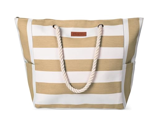 HEYO Strandtasche Damen Große Badetasche mit Reißverschluss Freizeittasche Sommer Tasche Gestreift Shopper Bag Einkaufstasche XXL (Beige) von HEYO