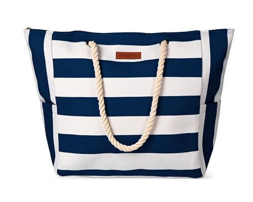 HEYO Strandtasche Damen Große Badetasche mit Reißverschluss Freizeittasche Sommer Tasche Gestreift Shopper Bag Einkaufstasche XXL (Dunkelblau) von HEYO