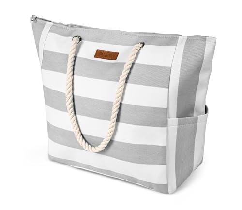 HEYO Strandtasche Damen Große Badetasche mit Reißverschluss Freizeittasche Sommer Tasche Gestreift Shopper Bag Einkaufstasche XXL (Grau) von HEYO