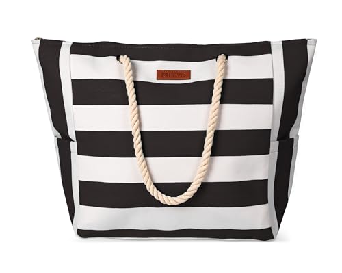 HEYO Strandtasche Damen Große Badetasche mit Reißverschluss Freizeittasche Sommer Tasche Gestreift Shopper Bag Einkaufstasche XXL (Schwarz) von HEYO