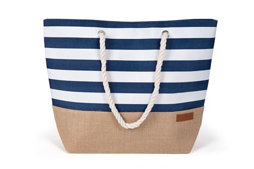 HEYO Strandtasche Damen Große Badetasche mit Reißverschluss Freizeittasche Sommer Tasche Shopper Bag Einkaufstasche XL (Dunkelblau) von HEYO