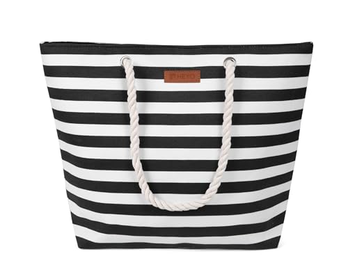 HEYO Strandtasche Damen Große Badetasche mit Streifen Freizeittasche Sommer Tasche Shopper Bag Einkaufstasche XL (Schwarz ohne Jute) von HEYO