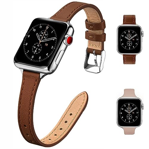 HEYOZURY 2-Pack Kompatibel mit Apple Watch Armband Frauen Schlanke Lederbänder 38mm 40mm 41mm 42mm 44mm 45mm 49mm, Top Grain Lederuhr Dünnes Armband für iWatch Ultra SE Serie 8/7/6/5/4/3/2/1 von HEYOZURY