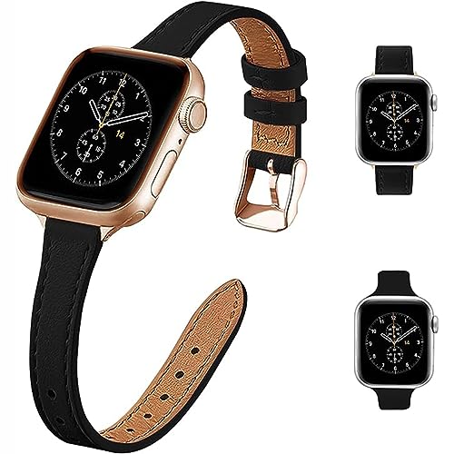 HEYOZURY 2-Pack Kompatibel mit Apple Watch Armband Frauen Schlanke Lederbänder 38mm 40mm 41mm 42mm 44mm 45mm 49mm, Top Grain Lederuhr Dünnes Armband für iWatch Ultra SE Serie 8/7/6/5/4/3/2/1 von HEYOZURY