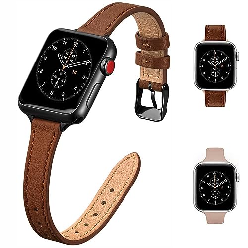 HEYOZURY 2-Pack Kompatibel mit Apple Watch Armband Frauen Schlanke Lederbänder 38mm 40mm 41mm 42mm 44mm 45mm 49mm, Top Grain Lederuhr Dünnes Armband für iWatch Ultra SE Serie 8/7/6/5/4/3/2/1 von HEYOZURY