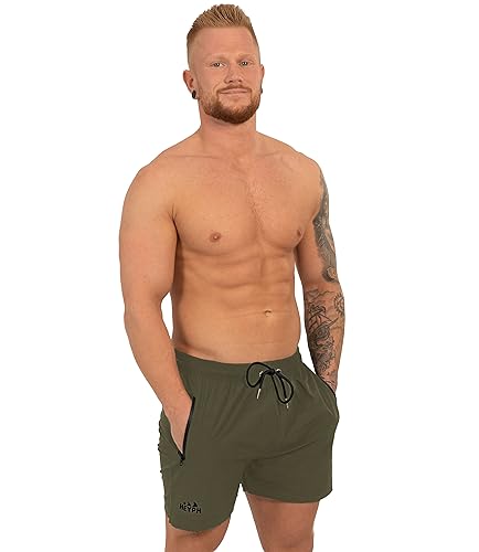 HEYPH Bequeme Designer Badeshort Herren Kurz Ohne Netz Innenbadehose Sichere Reißverschluss-Taschen Hingucker Strandhose Männer Badeshorts (DE/NL/SE/PL, Alphanumerisch, L, Regular, Regular, Olivgrün) von HEYPH