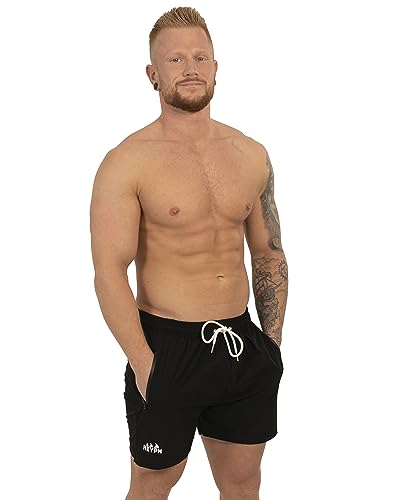 HEYPH Bequeme Designer Badeshort Herren Kurz Ohne Netz Innenbadehose Sichere Reißverschluss-Taschen Hingucker Strandhose Männer Badeshorts (DE/NL/SE/PL, Alphanumerisch, M, Regular, Regular, Schwarz) von HEYPH