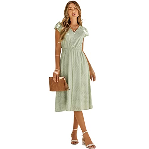 HEYPORK Damen Frühling Sommer Bequem Lässig Kleider Mode Elegant Röcke Frauen Beiläufige Feste Farbe V-Ausschnitt Taille Abnehmender Frischer Stil Kleid(A Hellgrün, L) von HEYPORK