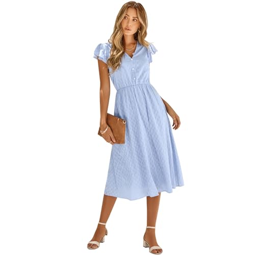 HEYPORK Damen Frühling Sommer Bequem Lässig Mode Elegant Kleider Frauen Beiläufige Feste Farbe V-Ausschnitt Taille Abnehmender Frischer Stil Kleid(A Blau, S) von HEYPORK