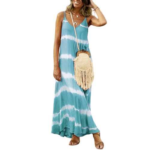 HEYPORK Damen Frühling Sommer Casual Mode Bequem Kleider Elegant Rock Frauen Cami-Kleid Bedrucktes Gestreiftes Langes Loses Kleid(Grün, 3XL) von HEYPORK