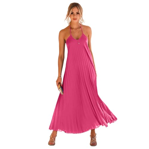 HEYPORK Damen Frühling Sommer Kleid Bequem Lässig Modern Elegant Kleider Frauen A Saum Plissee Kleid Strand Urlaub Lange Kleider(Rot-1, S) von HEYPORK