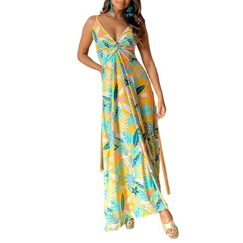 HEYPORK Damen Frühling Sommer Kleid Bequem Lässig Modern Elegant Kleider Frauen Mode Halfter V-Ausschnitt Druck Temperament Elegante Lange Kleider(Gelb, M) von HEYPORK