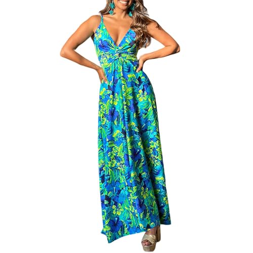 HEYPORK Damen Frühling Sommer Kleid Bequem Lässig Modern Elegant Kleider Frauen Mode Halfter V-Ausschnitt Druck Temperament Elegante Lange Kleider(Grün, S) von HEYPORK