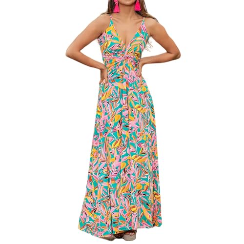 HEYPORK Damen Frühling Sommer Kleid Bequem Lässig Modern Elegant Kleider Frauen Mode Halfter V-Ausschnitt Druck Temperament Elegante Lange Kleider(Rosa, L) von HEYPORK