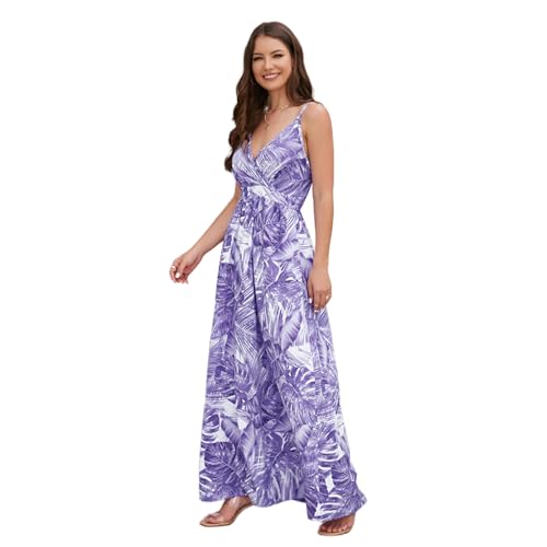 HEYPORK Damen Frühling Sommer Kleider Bequem Lässig Kleid Mode Elegant Röcke Frauen Bohème Print Langes Kleid Sexy V-Ausschnitt Halter Kleider(Lila, L) von HEYPORK