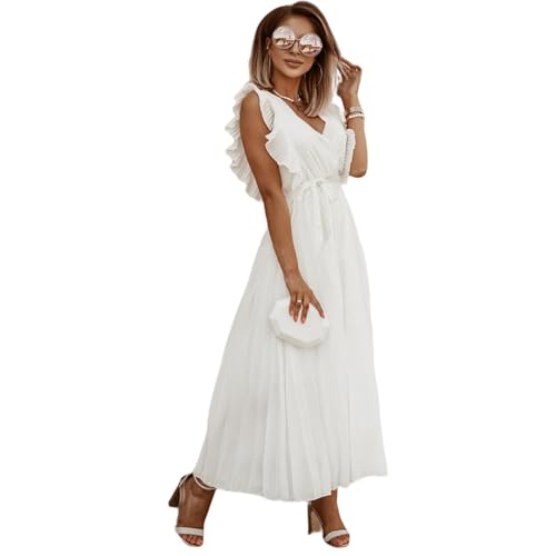 HEYPORK Damen Sommer Kleider Bequem Lässig Kleid Mode Elegant Röcke Frauen Temperament Langes Kleid Geraffte Ärmel Chiffon Faltenrock Feste Farbe Kleider(Weiß, XL) von HEYPORK