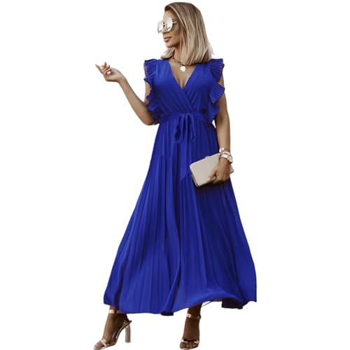 HEYPORK Damen Frühling Sommer Kleider Bequem Lässig Kleid Mode Elegant Röcke Frauen Temperament Langes Kleid Geraffte Ärmel Chiffon Faltenrock Feste Farbe Kleider(Blau, L) von HEYPORK
