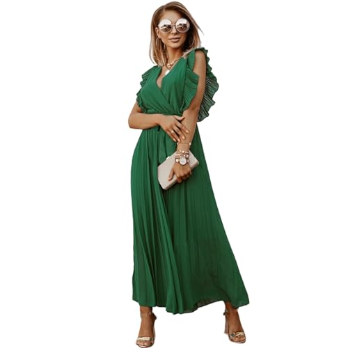 HEYPORK Damen Frühling Sommer Kleider Bequem Lässig Kleid Mode Elegant Röcke Frauen Temperament Langes Kleid Geraffte Ärmel Chiffon Faltenrock Feste Farbe Kleider(Grün, 2XL) von HEYPORK