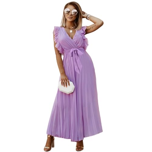 HEYPORK Damen Frühling Sommer Kleider Bequem Lässig Kleid Mode Elegant Röcke Frauen Temperament Langes Kleid Geraffte Ärmel Chiffon Faltenrock Feste Farbe Kleider(Lila, L) von HEYPORK