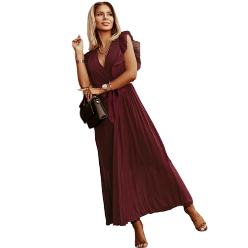 HEYPORK Damen Frühling Sommer Kleider Bequem Lässig Kleid Mode Elegant Röcke Frauen Temperament Langes Kleid Geraffte Ärmel Chiffon Faltenrock Feste Farbe Kleider(Rot, M) von HEYPORK