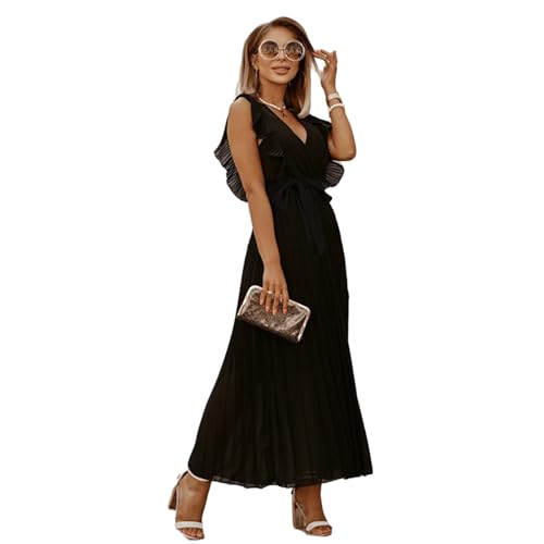 HEYPORK Damen Frühling Sommer Kleider Bequem Lässig Kleid Mode Elegant Röcke Frauen Temperament Langes Kleid Geraffte Ärmel Chiffon Faltenrock Feste Farbe Kleider(Schwarz, L) von HEYPORK