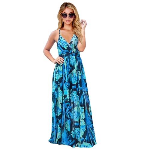 HEYPORK Damen Frühling Sommer Kleider Bequem Lässig Modern Elegant Röcke Frauen Kleid Böhmischen Floralen Halfter Langes Kleid(Blau, XL) von HEYPORK