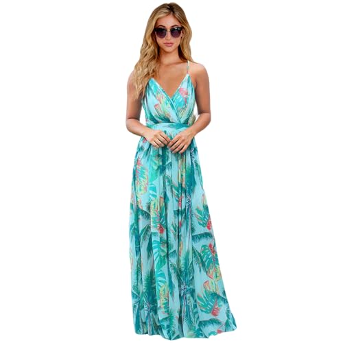 HEYPORK Damen Frühling Sommer Kleider Bequem Lässig Modern Elegant Röcke Frauen Kleid Böhmischen Floralen Halfter Langes Kleid(Himmelblau, S) von HEYPORK