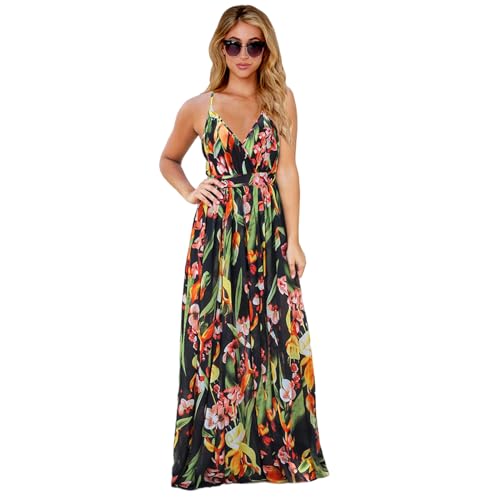 HEYPORK Damen Frühling Sommer Kleider Bequem Lässig Modern Elegant Röcke Frauen Kleid Böhmischen Floralen Halfter Langes Kleid(Schwarz, M) von HEYPORK