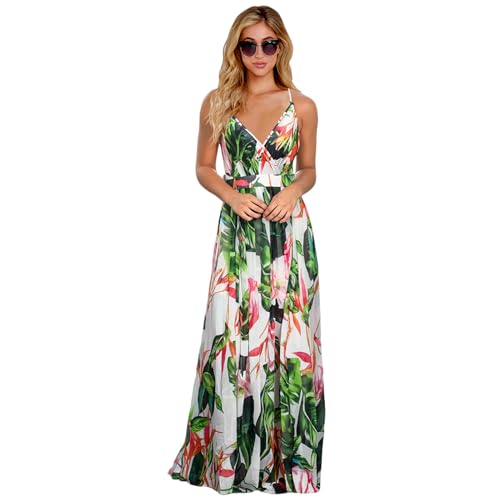 HEYPORK Damen Frühling Sommer Kleider Bequem Lässig Modern Elegant Röcke Frauen Kleid Böhmischen Floralen Halfter Langes Kleid(Weiß, L) von HEYPORK